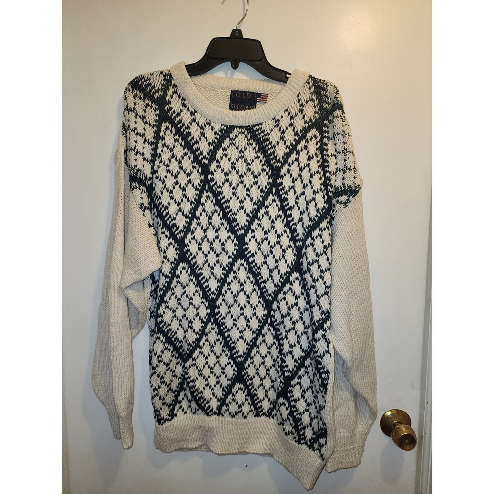 Old Glory Vintage Mens Large Cream Navy Diamond Knit Sweater Grandpa Core USA